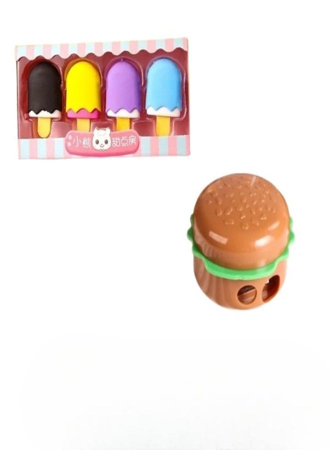 KALRA MAGIC® 4 Pcs Ice-Cream Shape Erasers + 1 Burger Sharpener | Cute & Fun Stationery Set - Image 1